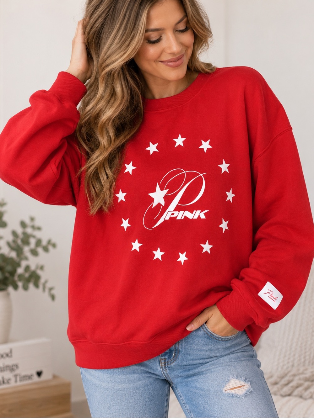 Victoria’s Secret PINK Red Star Logo Oversized Crewneck Sweatshirt Size M NWT